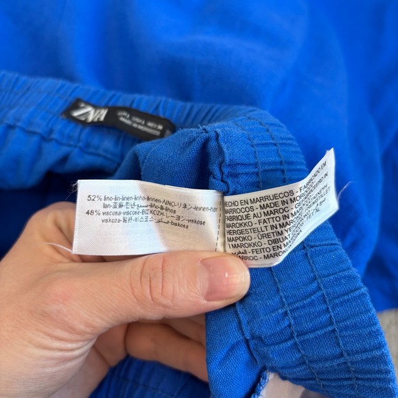 ZARA Linen Blend Wide Leg Palazzo Pants, Size Large, Royal Blue, Elastic Waist - Picture 7 of 16